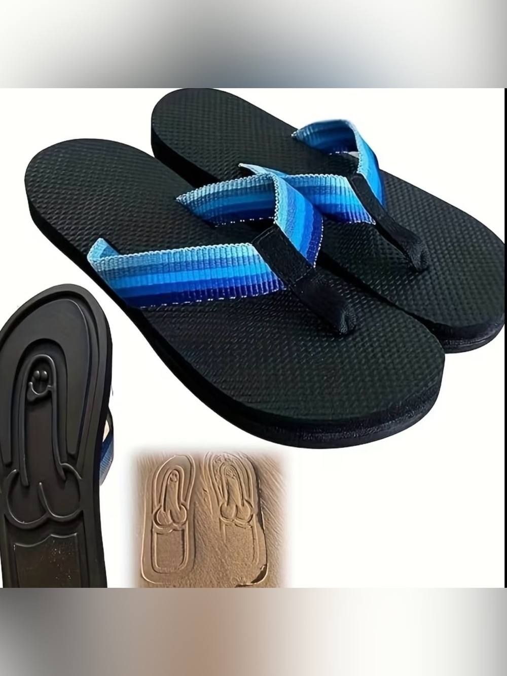 Men's Black Flip Flops with Blue Striped Straps - Picture 1 of 6